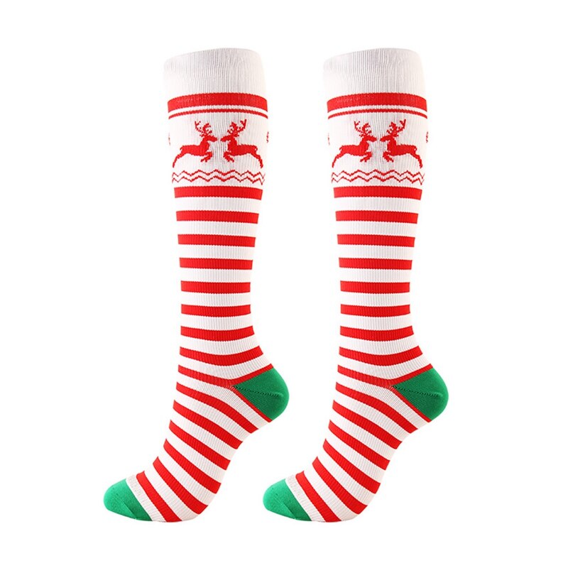 1 pair Compression Socks Knee High/Long Christmas Cap Tree Deer Striped Printed Polyester Nylon woman socks: B / S/M