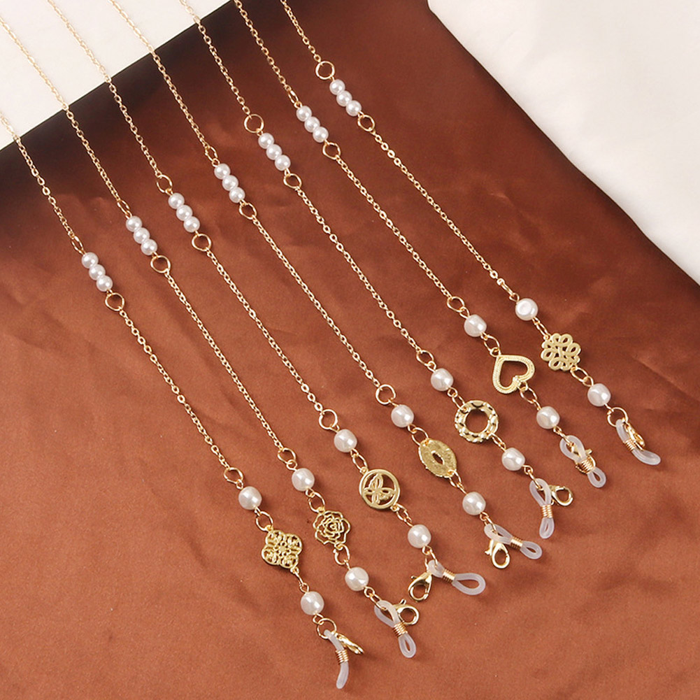 Elegante óculos de sol corrente para mulher pérola coração borboleta pingente anti-deslizamento óculos correntes cordão ouro pendurar pescoço eyewear encantos