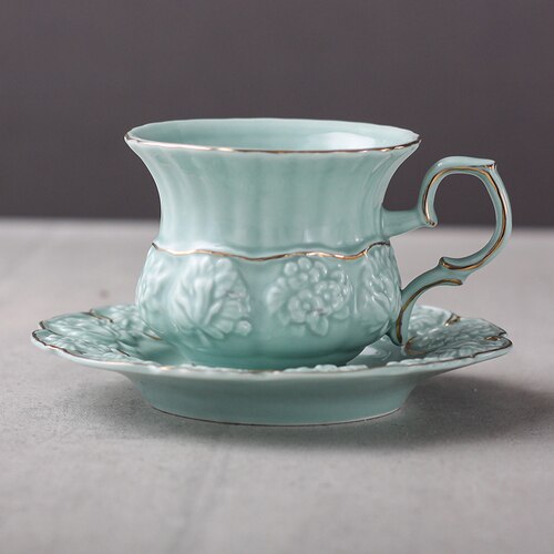 Taza de café de cerámica rosa, escultura creativa, juego de platillo, tazas de té chapadas en oro de flores, tazas europeas Kubek de porcelana, AC50BD: Brown blue