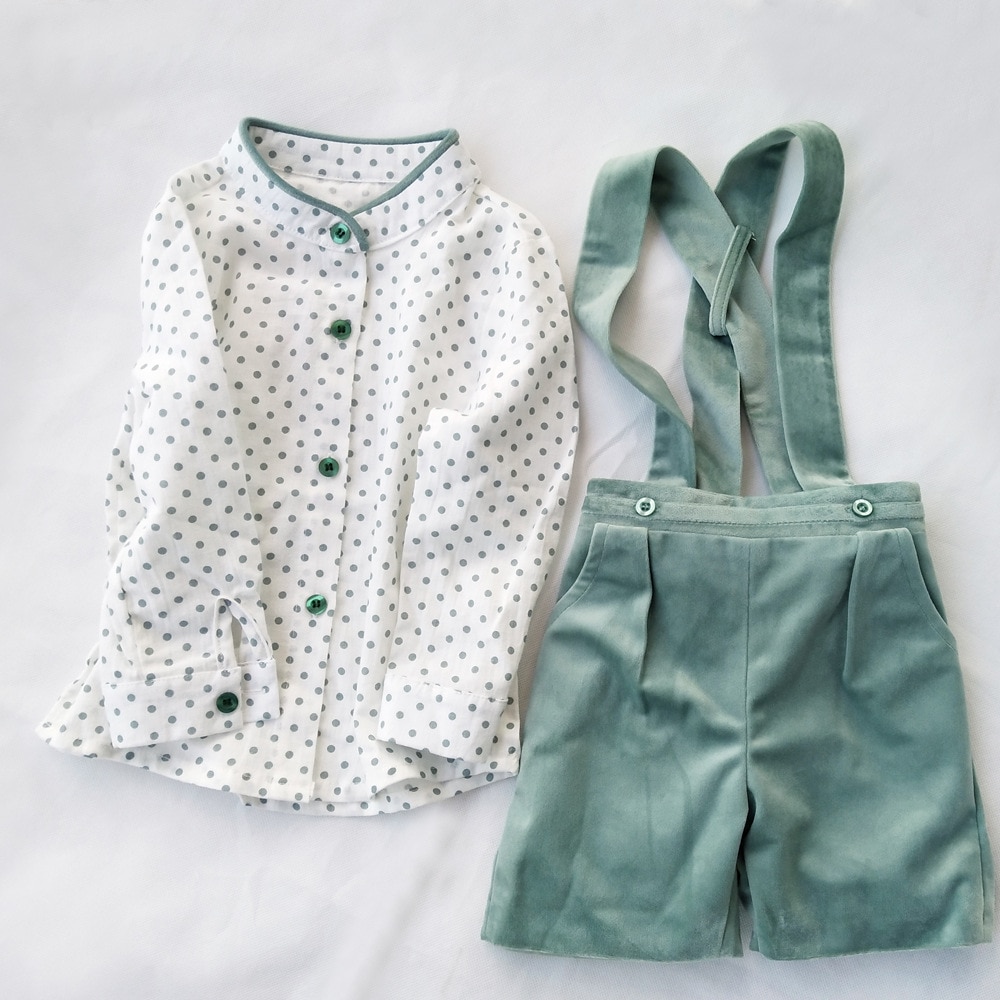 Børn boutqiue tøj sæt pige langærmet fløjl spansk tøj hatte dreng hvid skjorte strop bukser børn baby fødselsdag outfit