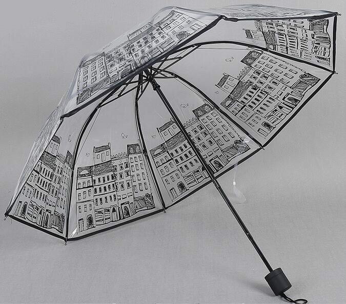 Love White Transparent Umbrella Three Folding Sakura Building Transparent Umbrellas: building