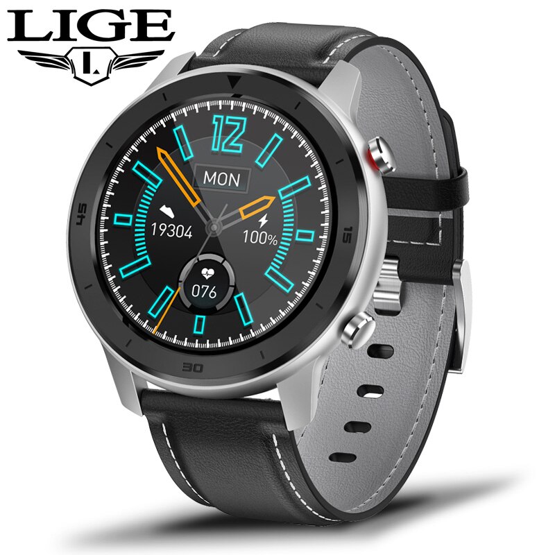 LIGE IP68 étanche montre intelligente hommes fréquence cardiaque surveillance de la pression artérielle plein écran tactile contrôle de la musique Sport Smartwatch: Belt black silver