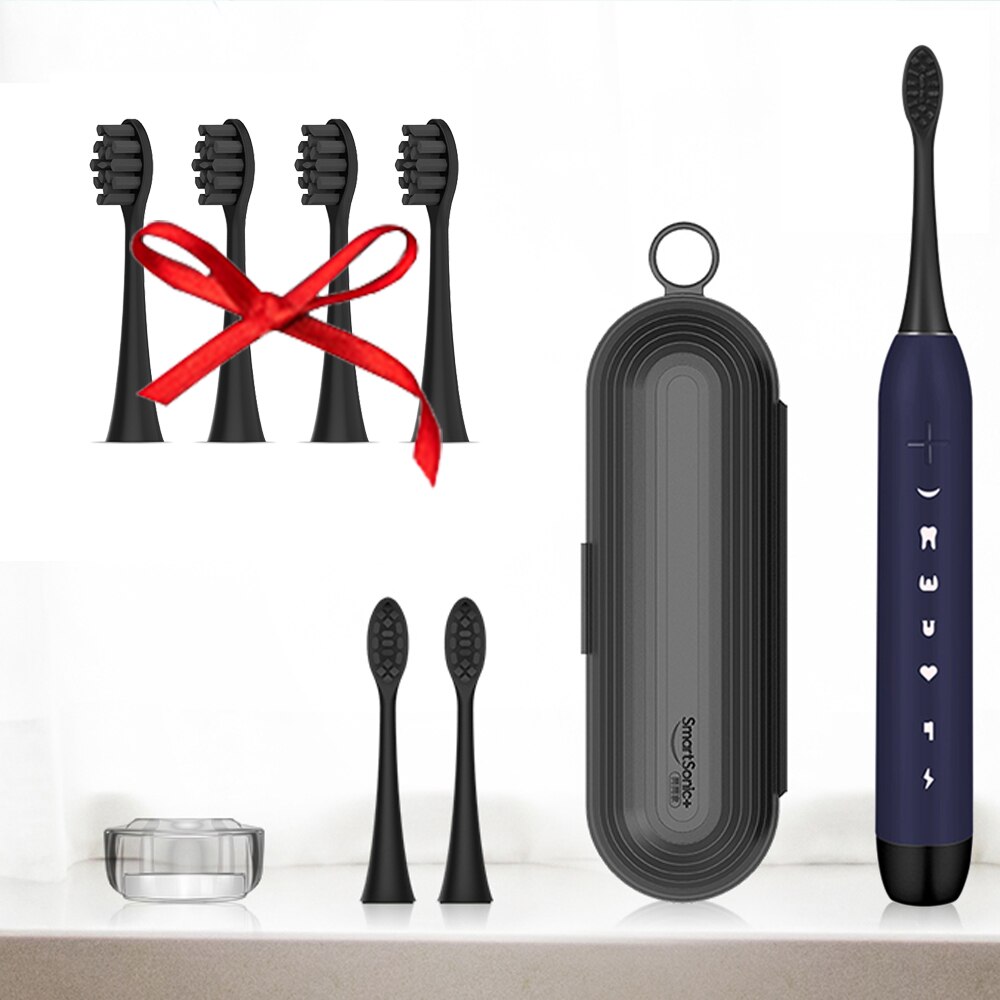 SmartSonic Waterproof Sonic Electric Toothbrush USB Rechargeable Tooth Brush Ultrasonic Toothbrush with 2 Brush Heads: Dark Blue 4 head