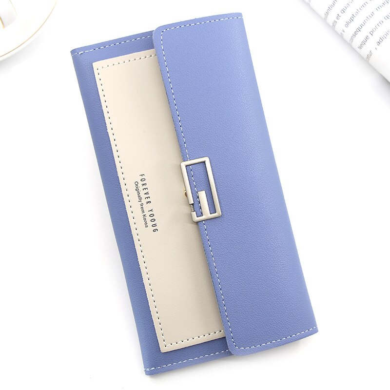 Style Long Korean Style Women's Wallet Simple Clutch Bag Tri-Fold Multi-Function Buckle Multi-Card Position Change Wallet: blue