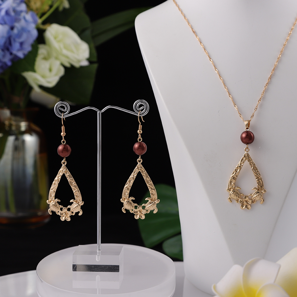 SophiaXuan Hawaiian Jewelry Set Pink Pearl Necklace Polynesian Necklace Samoa Gold Plated Earrings Set for Women: ZH0109GOBR