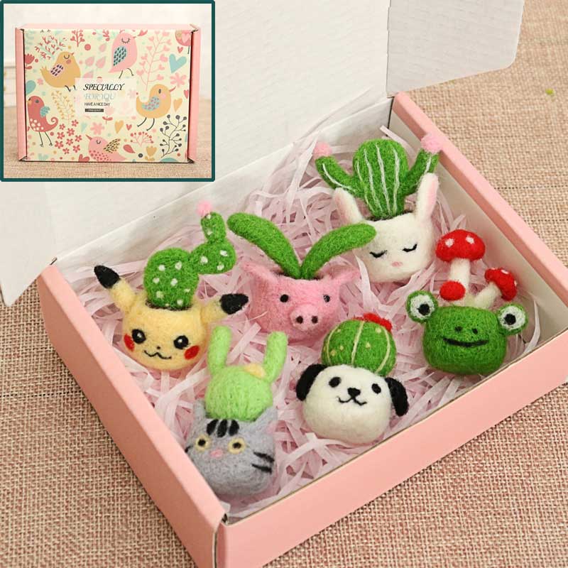 Non-Finished Women Felt Craft Kit Lovely Animal Cactus Plant Wool Needle Felt Material Decoration For Birthday Friend DIY