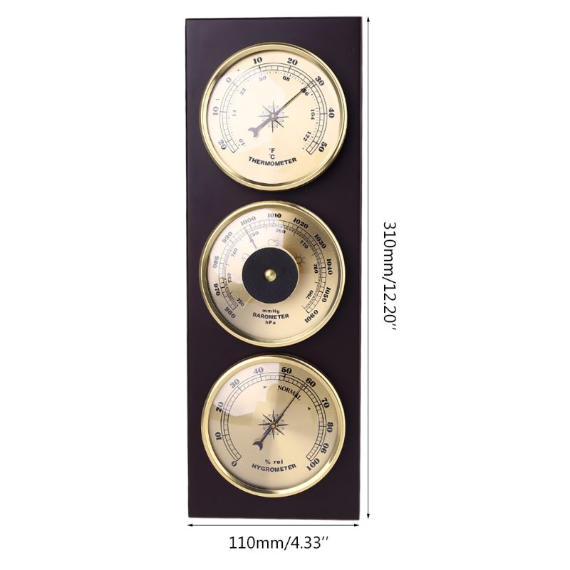 3Pcs/Set Barometer Hygrometer Thermometer Weather Station with Wooden Frame Base Ornaments 31cm x 11cm