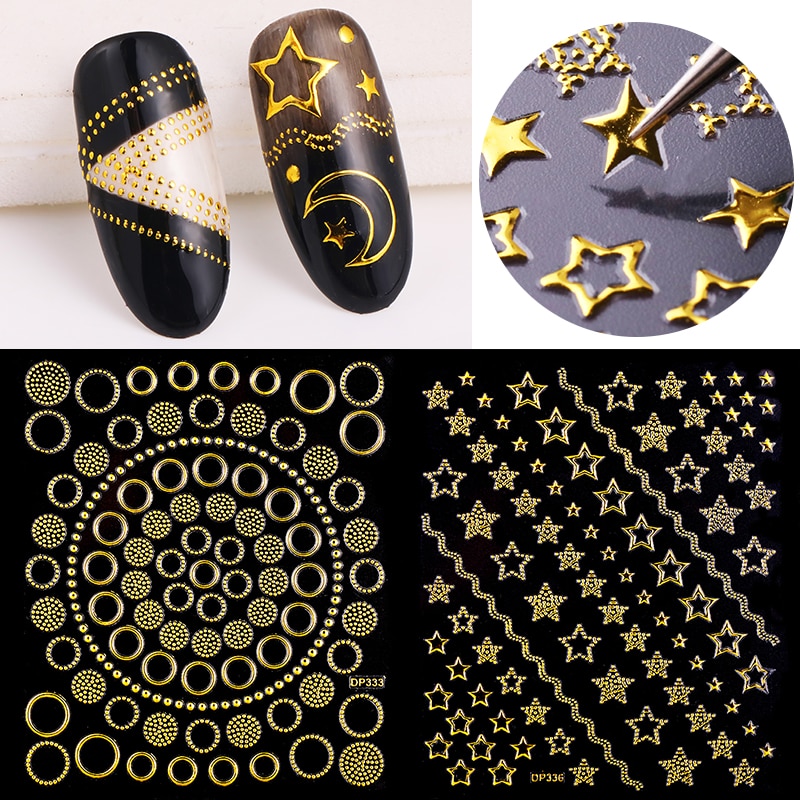 Or métal 3D autocollant à ongles géométrique lune étoile rayures vague ligne modèles Nail Art décalcomanies décoration bricolage accessoires de