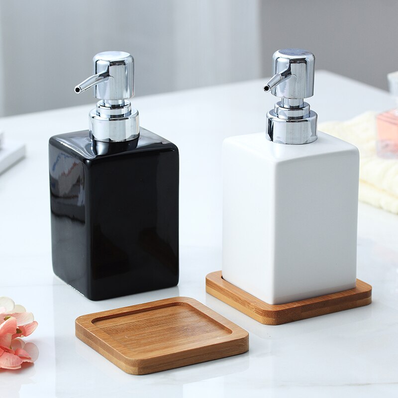 Ceramic Soap Dispenser White Black Bottle Hotel Bathroom Shower Gel Hand Sanitizer Bottle with Bamboo Tray 320ml