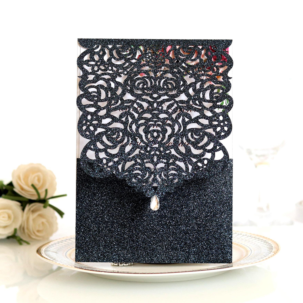 10pcs Pearl paper Business Invitation Glitter Openwork Pocket Rose Lace Invitation Card Wedding Invitation Universal
