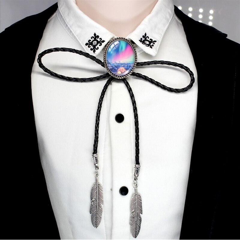 BOLO-00168 nuovo arrivo Polar Light Galaxy Nebula ovale in vetro Cabochon Western Bolo Tie Neck cravatte collana a catena in pelle: 5-3