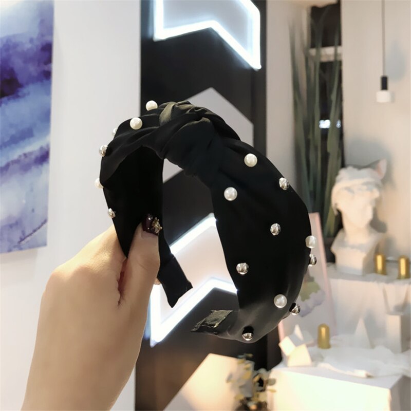 Diadema de tela satinada con cuentas de perlas para mujer, nudo de lazo para niñas, accesorios para el cabello: Black