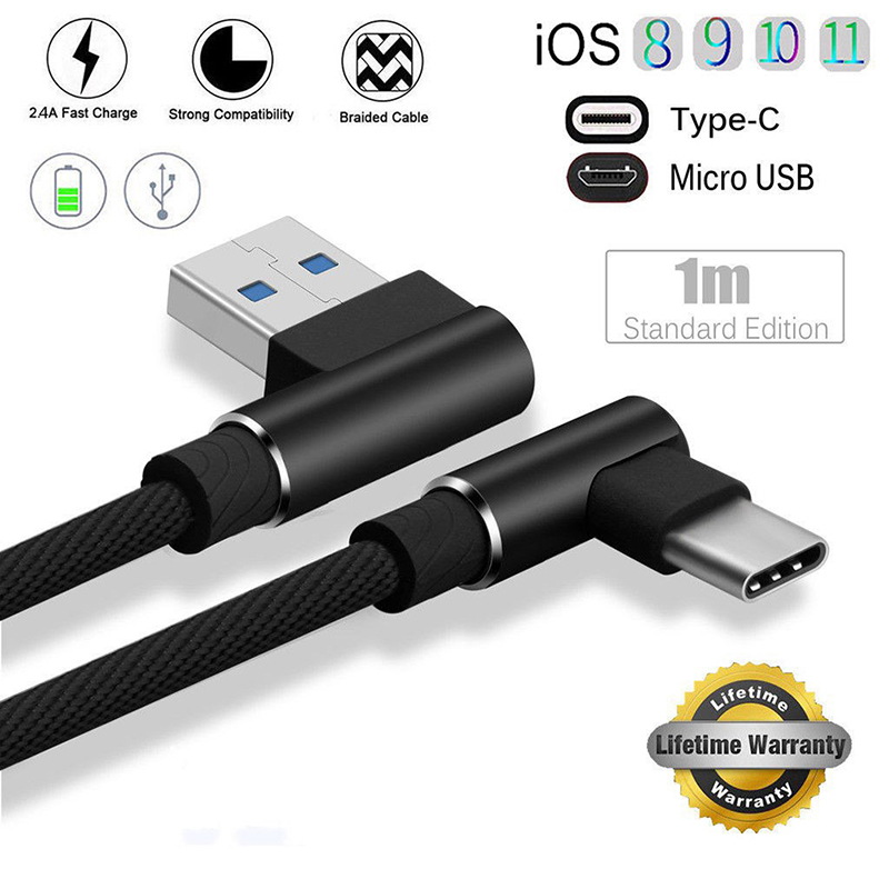 Câble tressé Type C/IOS/ Micro USB, 90 degrés, Angle droit, synchronisation rapide des données, chargeur