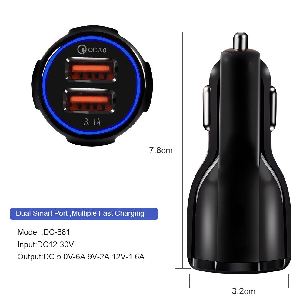 Pålitelig  qc3.0 sertifisert hurtiglading dobbel 2 usb port  qc3.0 hurtig billader 3.1a motorsykkel lader bil lighter kontakt