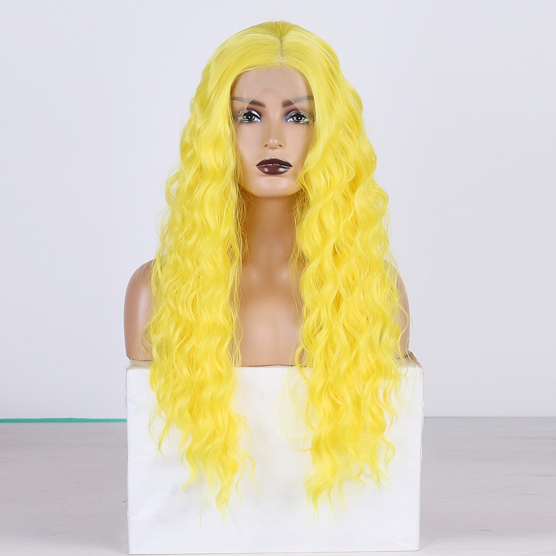 RONGDUOYI Yellow Hair Deep Wave Lace Wig Long Fiber Synthetic Lace Front Wigs for Women Heat Resistant Hair Cosplay Wig