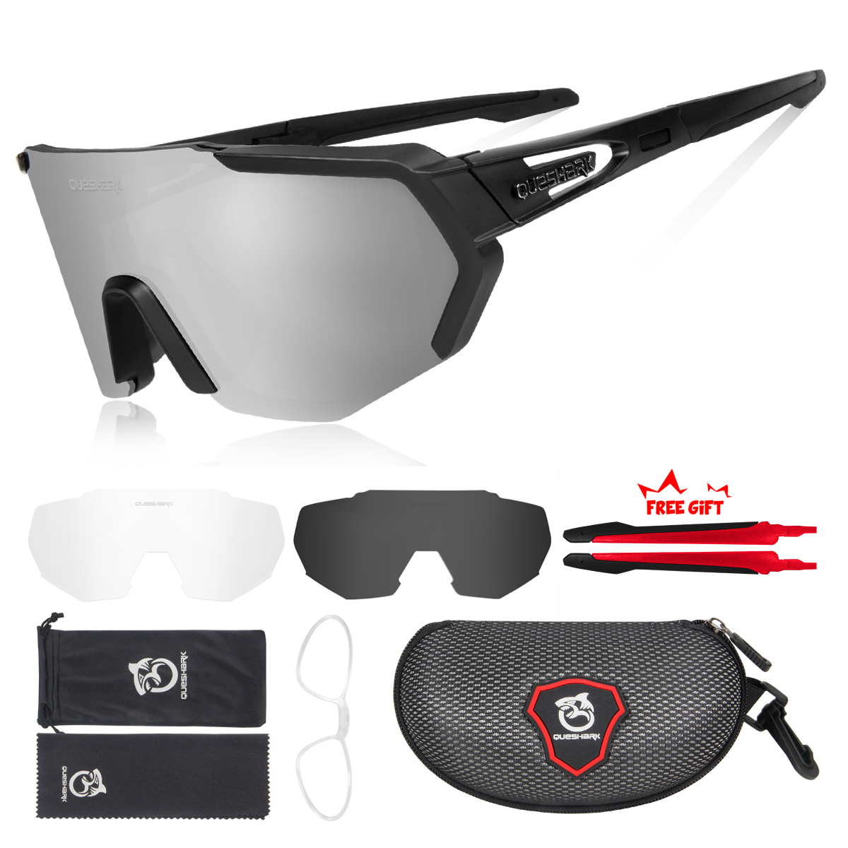 QUESHARK mujeres hombres polarizadas 3 lentes conjunto ciclismo gafas de sol deportes MTB bicicleta gafas montar bicicleta de carretera gafas QE42: Blanco