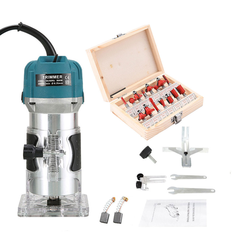 Electric Wood Trimmer Woodworking Machine &amp; 15 PC Wood Milling Cutter for Wood Router Home Diy Milling Machine 6.35 &amp; 8 mm Chuck: A 800w X Cutter