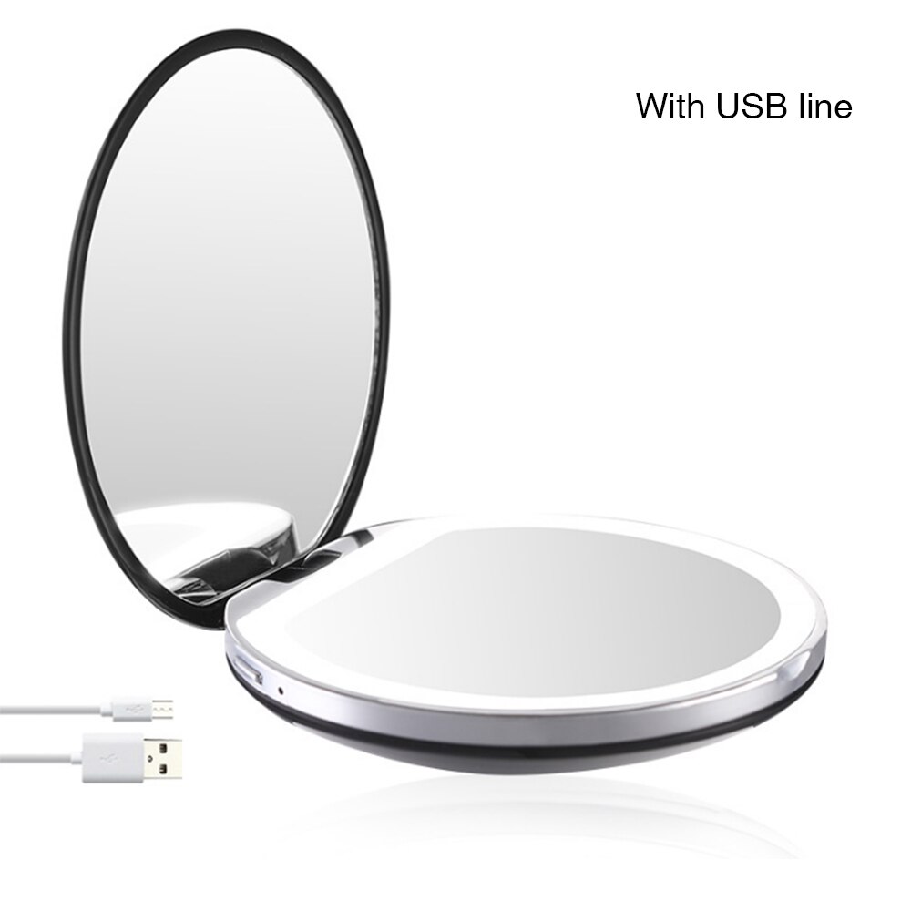 3 luces mini espejo de maquillaje portátil redondo espejo de luz de relleno 3X Magnify Fold USB Cable de conexión batería incorporada espejo recargable: GJ5184-B