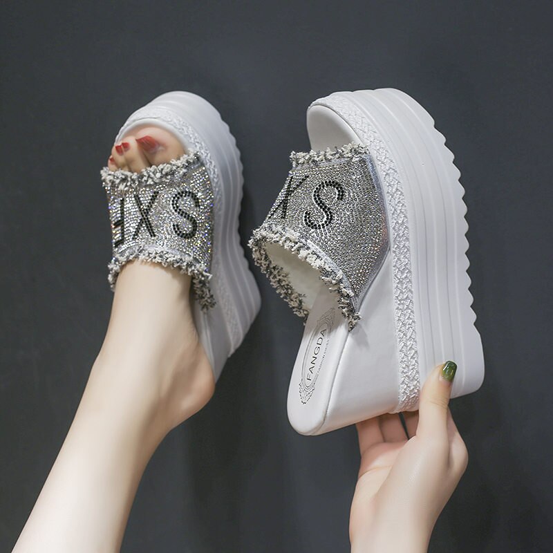 Strass Transparent pantoufles femmes grosses pantoufles plate-forme chaussures dames pantoufles chaussures femme été sandales plage pantoufle: white / 4