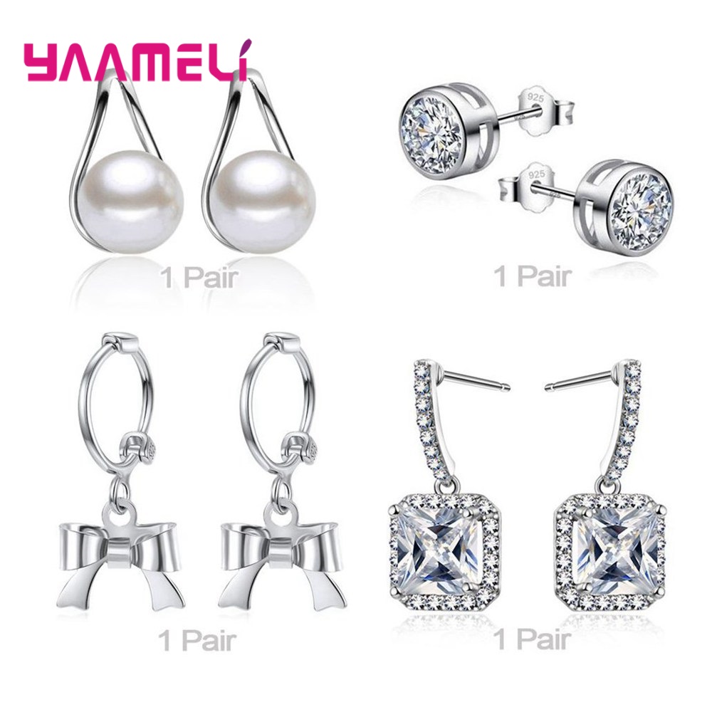 Trendy Vrouwen Oorbellen Echt 925 Sterling Zilver Natuurlijke Kristal Parel Party Accessoires 4 Paar Gemengde Sieraden