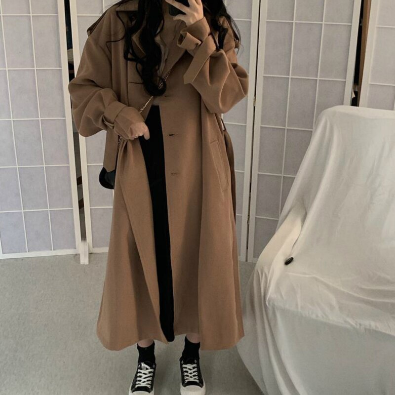 Trenchcoats kvinder khaki vinter overtøj løst dame lange frakker fritid brithsh stil retro streetwear solid