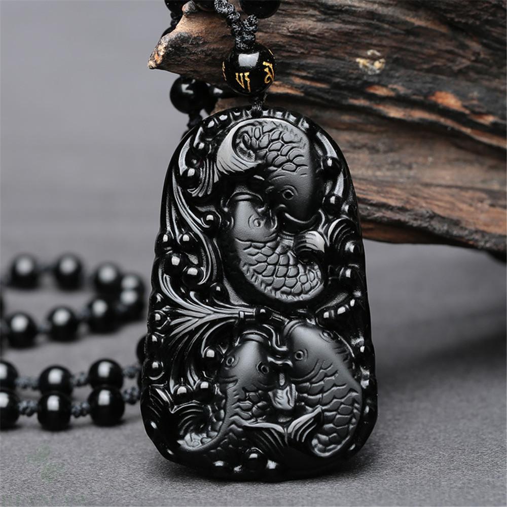 Carved 4 Fishes Obsidian Pendant Necklace Chic Fancy Classic Bless Wrist Cuff China