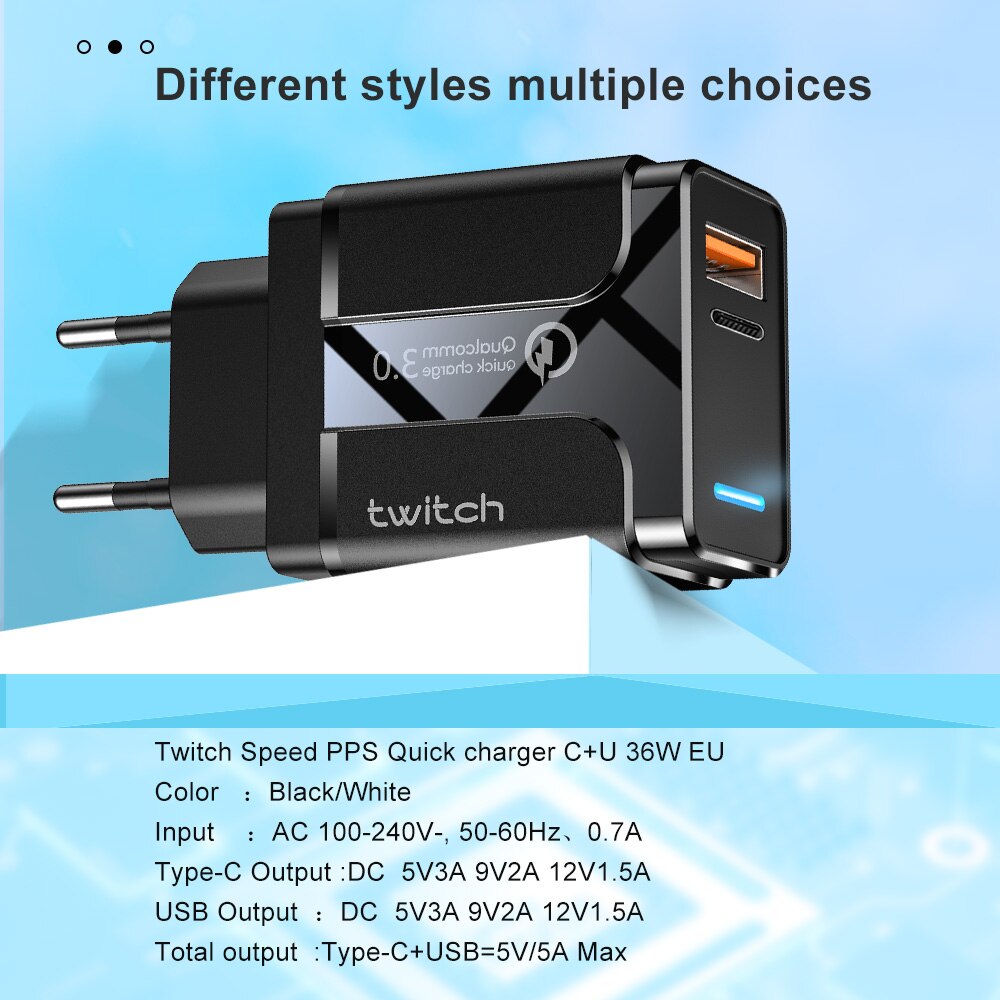 Twitch Quick Charge 4.0 3.0 Usb Lader 36W Qc 4.0 3.0 Usb Pd Lader Snel Telefoon Oplader Voor Iphone 11 Pro Xr Xiaomi Mi10 Huawei