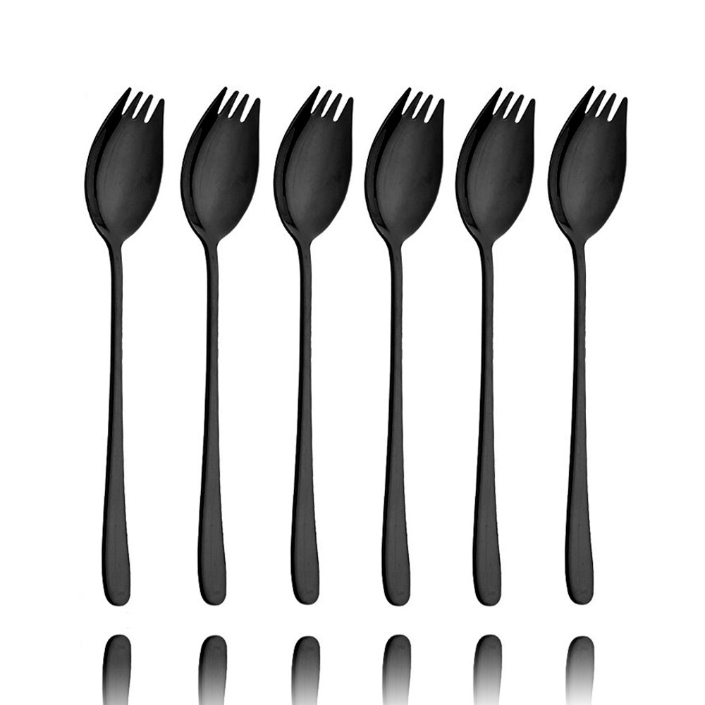 Ensemble de cuillères en acier inoxydable coloré, vaisselle, fourchette à double usage, pour Dessert, salade, accessoires de cuisine: 1Set  6Pcs / Black