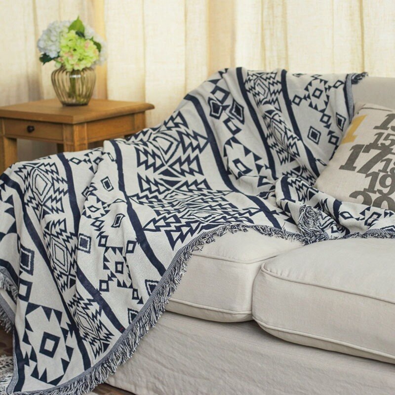 Manta de estilo indio de 180x340cm para uso en el hogar, manta con estampado geométrico para camas, manta gruesa de ganchillo para silla para dormir o sofá: 90x210cm