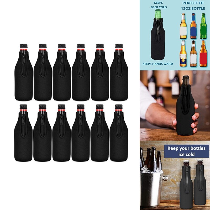 Bierfles Koeler Mouwen Houd Drankje Koud Zip-Up Extra Dikke Neopreen Geïsoleerde Sleeve Cover Black