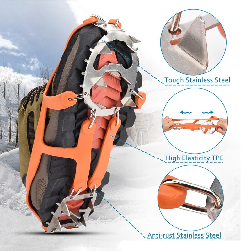 AUAU-18 Teeth Ice Gripper Spike for Shoes Anti Slip Climbing Snow Spikes Crampons Cleats Chain Claws
