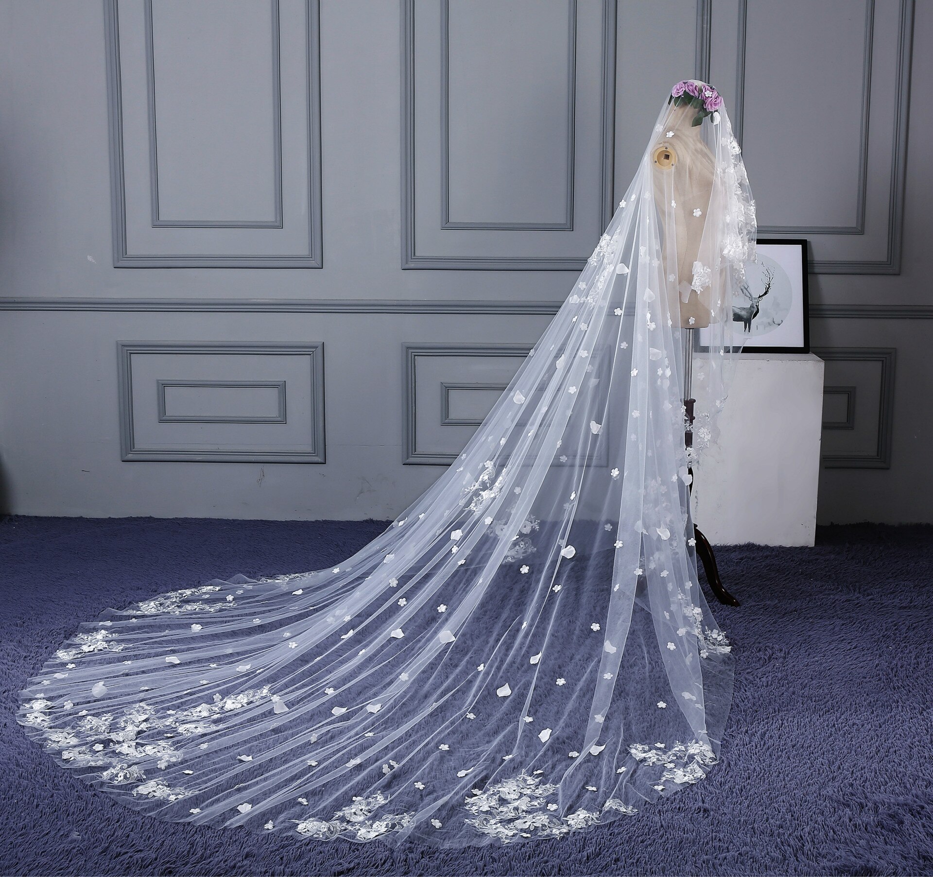 Bridal Veil Wedding Dress European and American Long Tail Lace Flower Church Veil