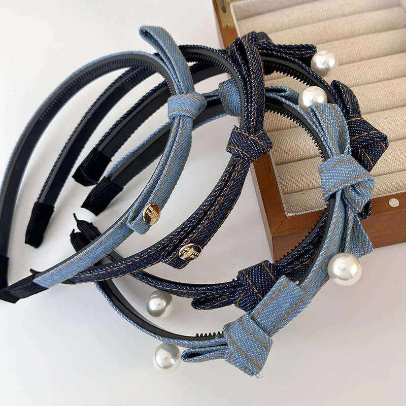 Diadema de perlas con lazo de Color azul vaquero Retro para niña, bandas para el cabello dulces para mujer, aro para el cabello con temperamento, accesorios para el cabello de femenina