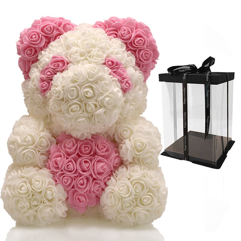 Großen Regenbogen Bär von Rosen mit Kasten 38cm 3D Schaum Rosen Bär Teddybär Kostüm Seife Blume Weihnachten: mit Kasten 5
