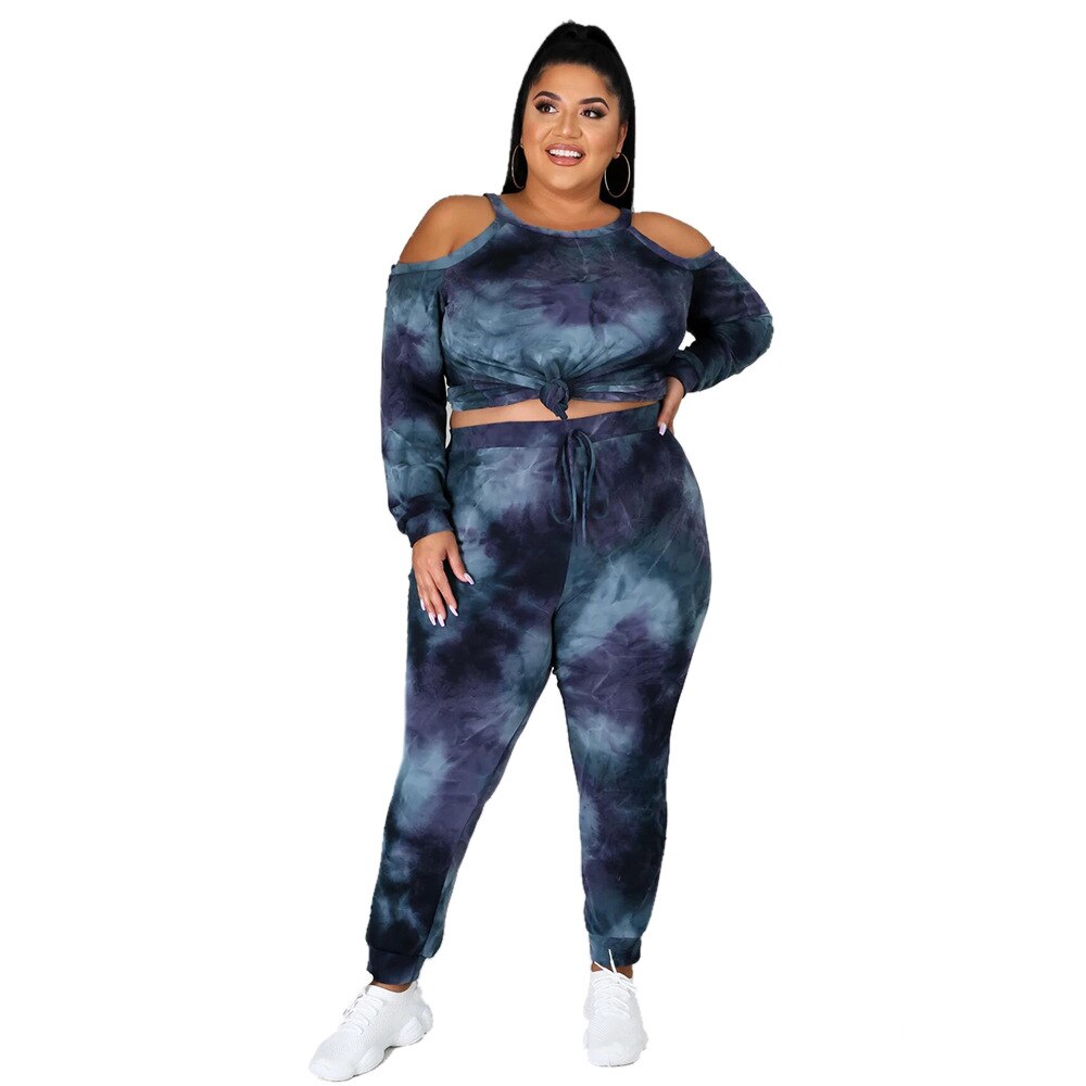 Dames blauw groot casual sportpak met off-shoulder tie dye sportkleding voor dames, maat 5xl