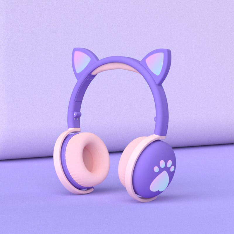 Cute cat Ear Paw Headset Glowing Kids Wireless Bluetooth 5.0 Headphones daughters Girls Earphones with Mic Children