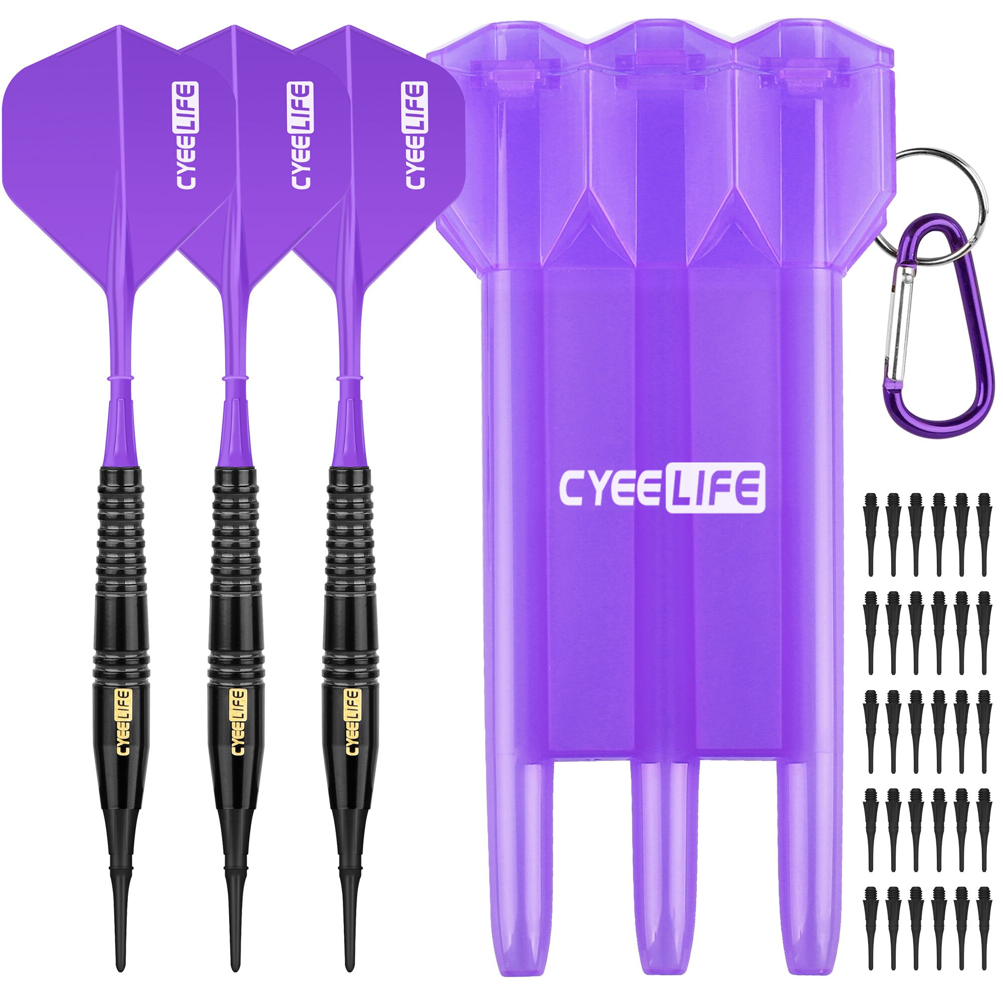 CyeeLife-dardos suaves de 18g, juego de dardos electrónico con punta de plástico, estuche de transporte, puntos adicionales y vuelos: Morado