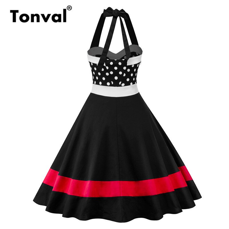 Tonval Pin up Rockabilly Polka Dot Dress A Line Vintage Hepburn 50s Dress Women Party Halter Dress