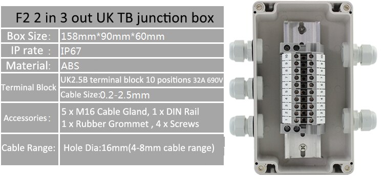 Waterproof Electrical Cable Junction Box Project Enlcosure Case 158*90*60mm with UK2.5B Din Rail Terminal Blocks M16 Cable gland: 2 in 3 out