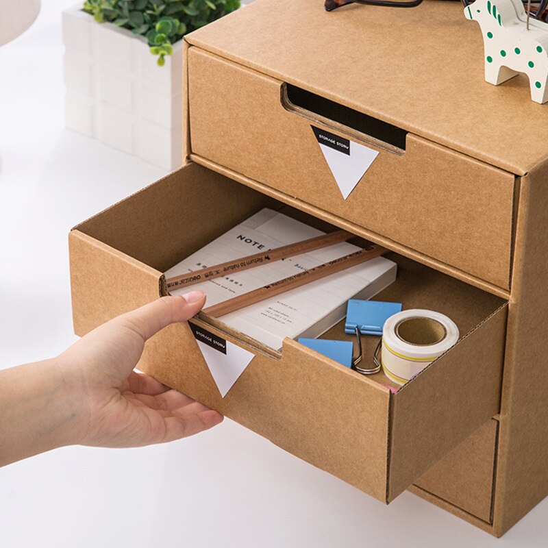 Kraft Paper Letter Files Case Box Multifunction 3 Layers Drawer Document Home Office Desktop Books Stationery Cosmetic Storage