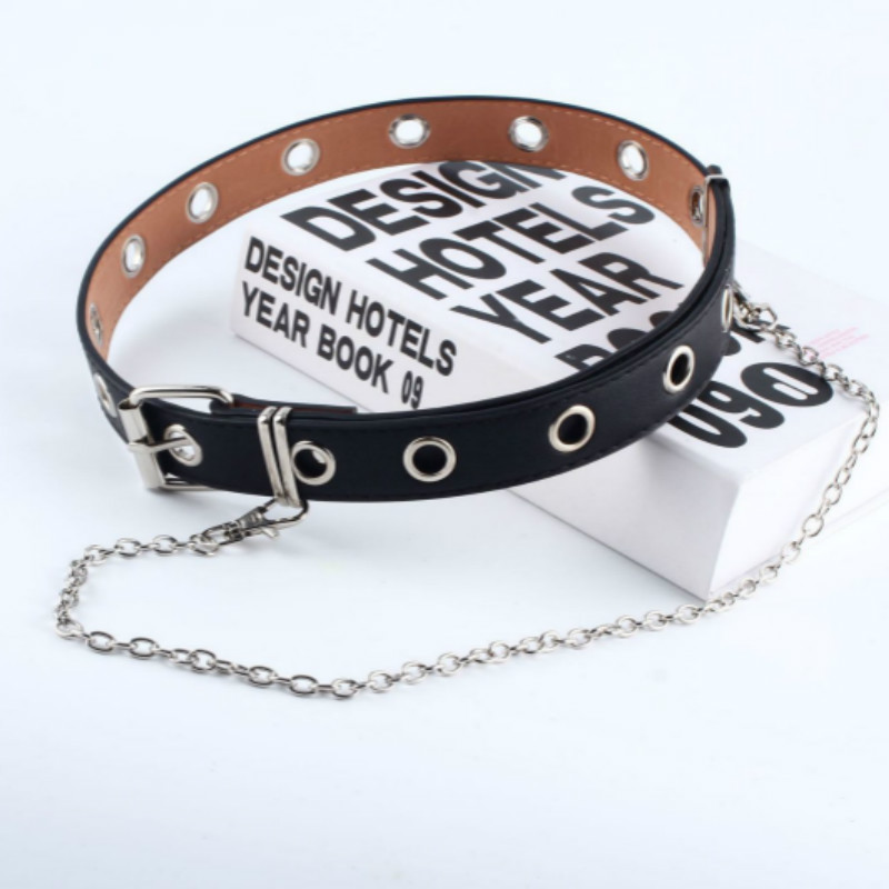 Vrouwen punk ketting riem verstelbare zwarte dubbele/enkele oogje ring leren gesp riem: Singleblack
