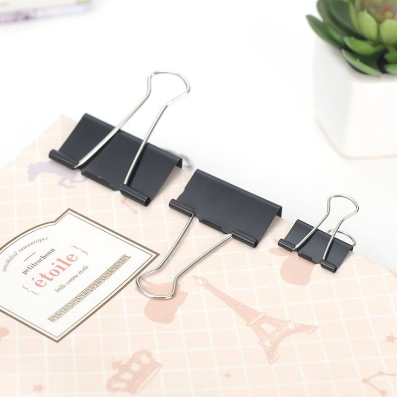 12PCS Metal Paper Clip Foldback Metal Binder Clips Black Grip Clamps Paper Document Office School Stationery Clip