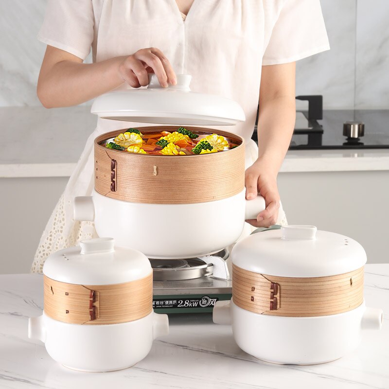 Japanese Style Steamer Casserole With Steamer Drawer Soup Pot Stew Pot Bamboo Multilayer Hotel Household Ceramic Casserole ZB182