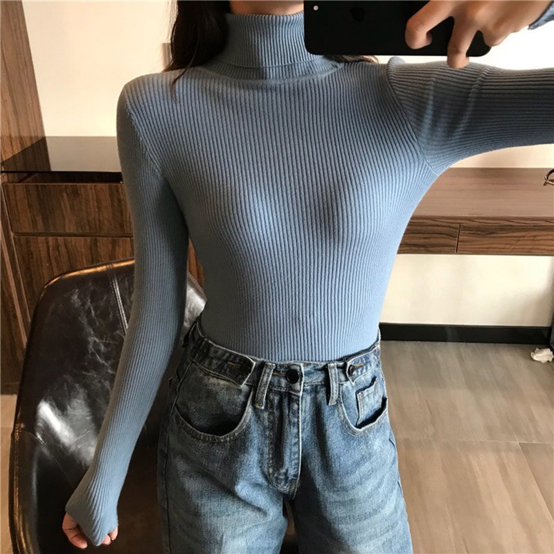 Pull épais pour femmes, Pull tricoté côtelé, Pull à manches longues, col roulé, Pull Slim et pour femmes, collection automne et hiver: Bleu