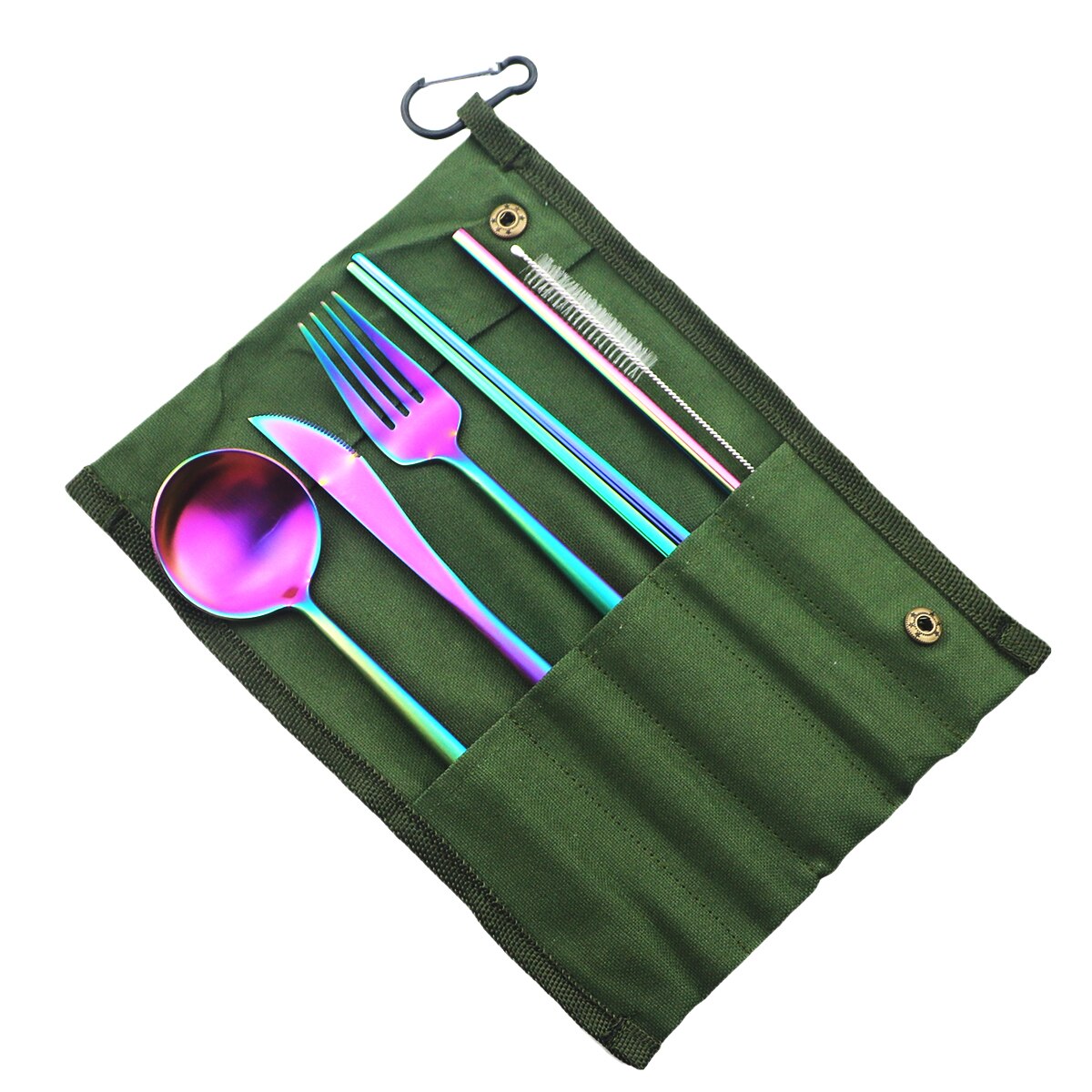 Rainbow Knife Fork Spoon Chopsticks Straw Set Portable Flatware Metal Travel Storage Cutlery Set Picnics Offices BBQ Accessories: Green A Bag Rainbow