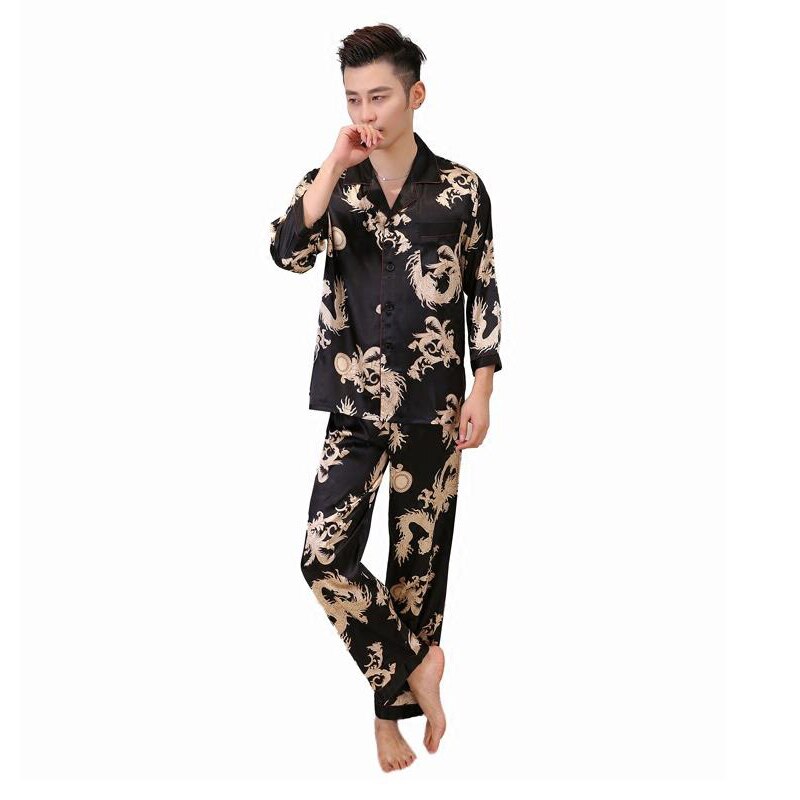 Men 2PCS Long Sleeve Shirt&amp;Pant Pajamas Rayon Casual Sleepwear Chinese Style Print Dragon Pyjamas Set Bathrobe L XL XXL