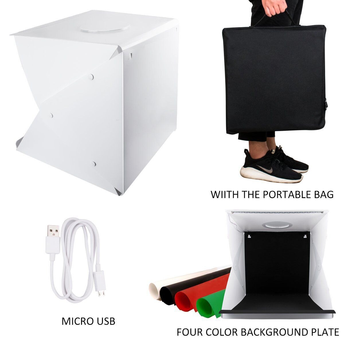 Portable Photo Studio Shooting Tent,16 Inch Small Foldable LED Light Box Softbox Kit with 4 Colors Backdrops for Photography,