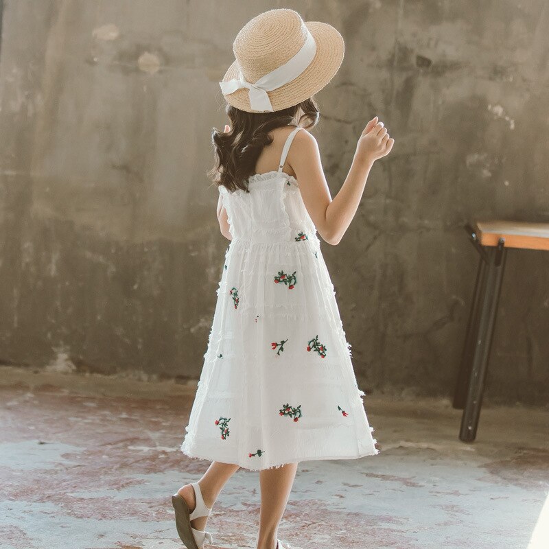 Summer Girls Braces Dress Kids and Teen Girls Cotton Floral Printed Dress Cute Children Beach Dresses, #8773