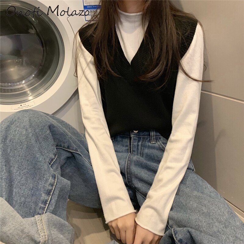Onoti syksy kiinteä korealaistyylinen neulepusero liivi naiselle neulepusero talvi rento naiset pull femme hiver