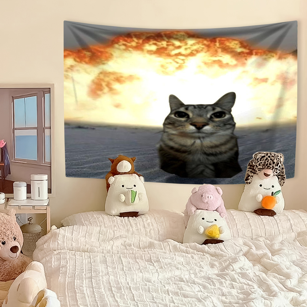 Tapiz de Meme de gato divertido, decoración del hogar de animales Kawaii, tela para colgar en la pared, dormitorio, fondo, de Festival: 140 x 205 cm / Color naranja fluorescente